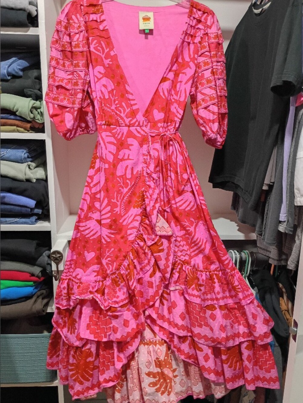 FARM Rio Pink and Red Floral Wrap Midi Dress